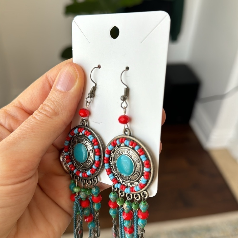 Turquoise and Feather Dangle Earrings - Picture 4 of 9